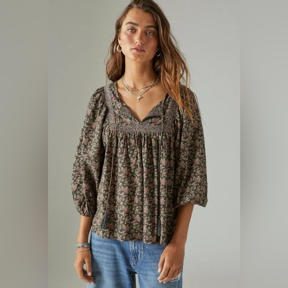LUCKY BRAND Women’s Long Sleeve Mix Print Peasant Blouse-Black Multi-Size Small - Picture 11 of 12